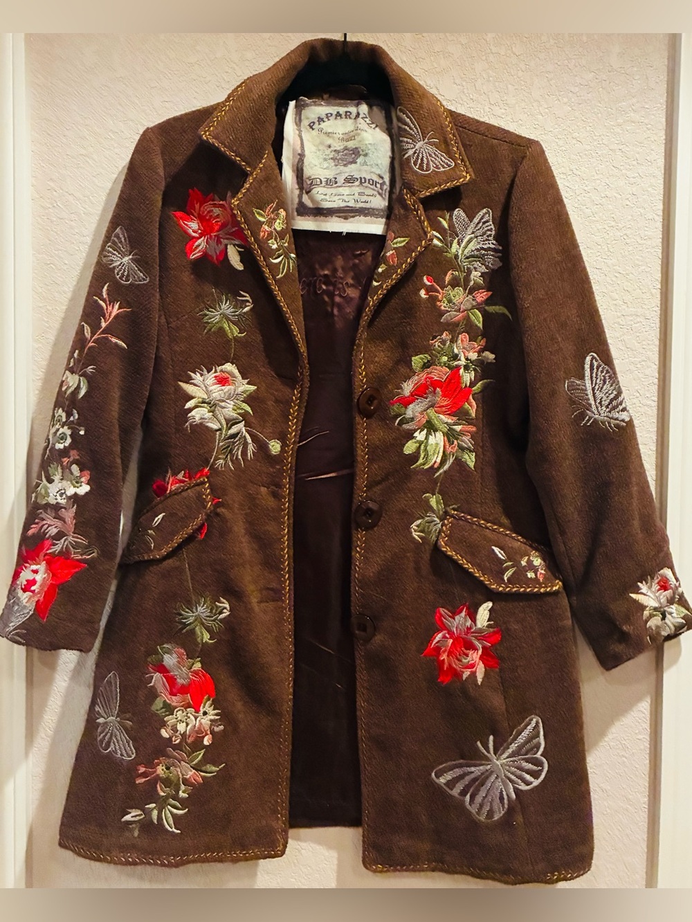 paparazzi Brown Trench Coat with Red Floral Embroidery